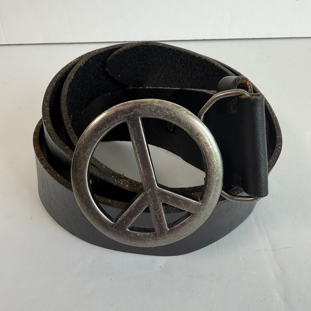 Y2K American Eagle XL Black Leather Belt Peace Sign Buckle Boho Hippie Unisex